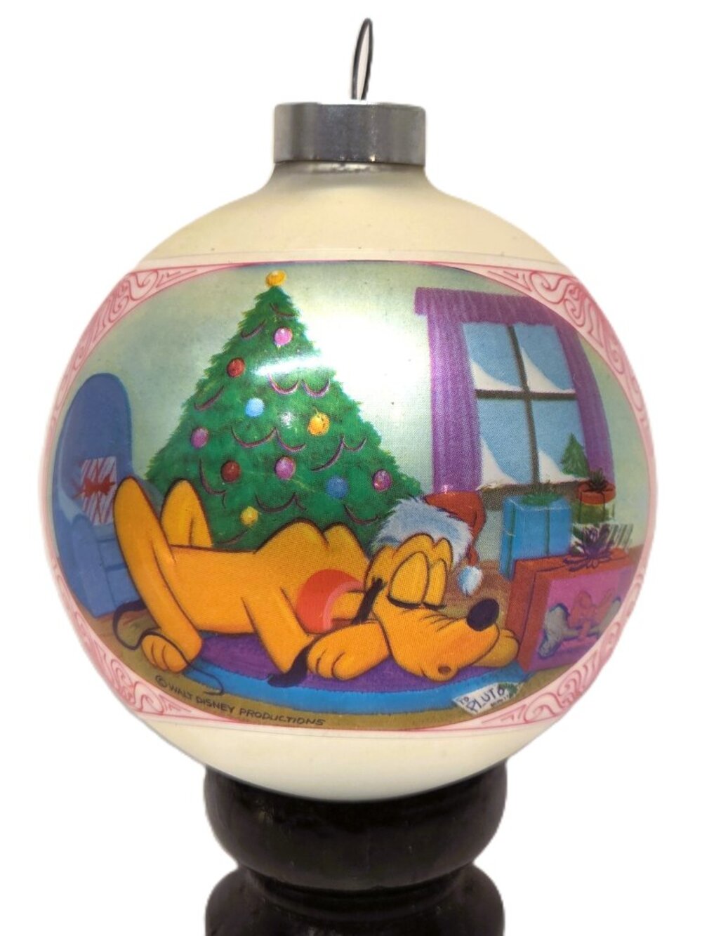 Walt Disney Pluto Glass Christmas Ornament Ball Santa Hat Tree Sleeping 2.5" 70s